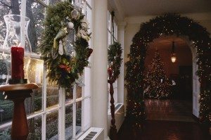 The East Colonnade is decked with wreaths, garland, and candles.